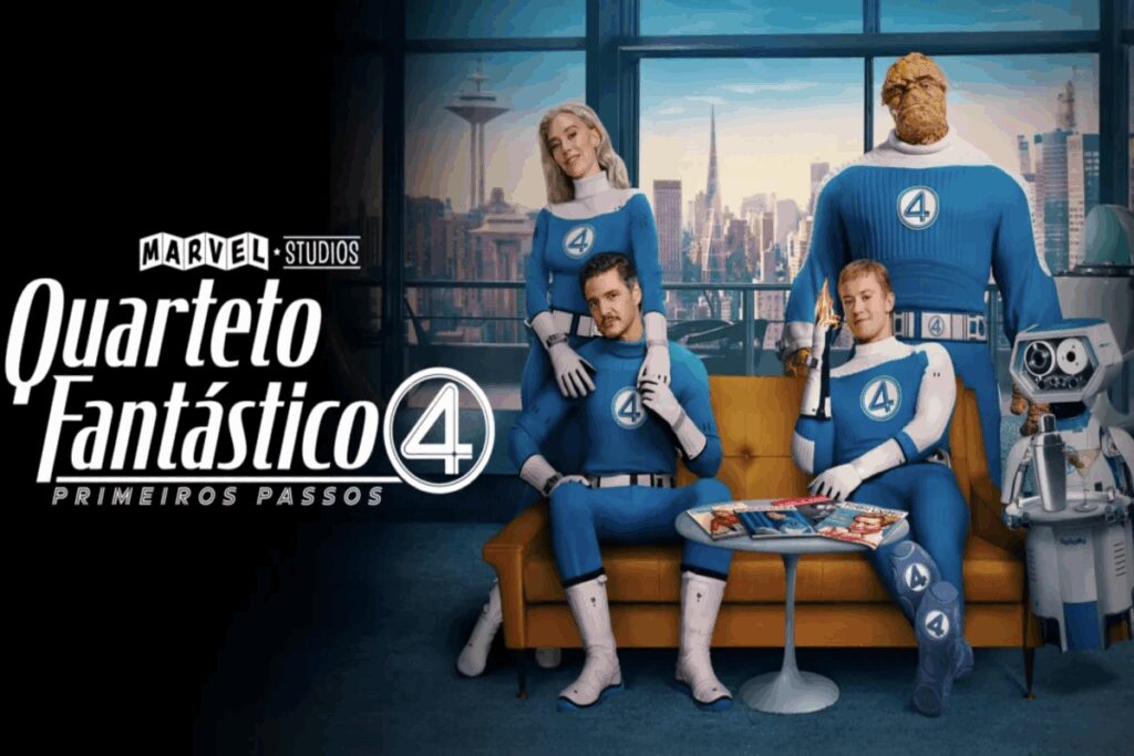 Quarteto de heróis da Marvel posando com roupas azuis e o número 4 no peito