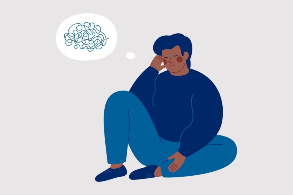 IlustraÃ§Ã£o de homem acima do peso, usando camisa de manga longa azul-escura e calÃ§a azul clara e sapato azul-escuro e ao lado um balÃ£o de pensamento com linhas enroladas