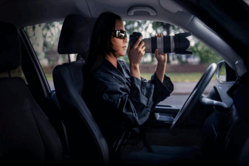 Imagem de uma mulher no carro com roupa preta e óculos escuro com uma câmera na mão