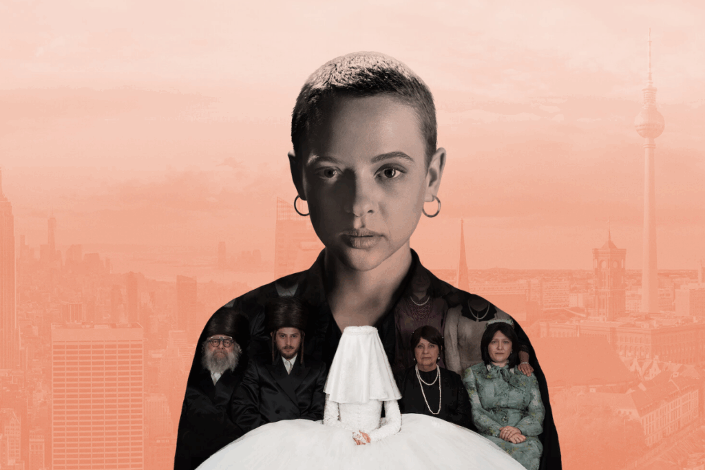 Jovem com o cabelo curto usando casaco preto, nele estÃ¡ refletido a imagem de uma noiva de costas e dois homens de preto, uma mulher de preto e outra de cinza em fundo laranja