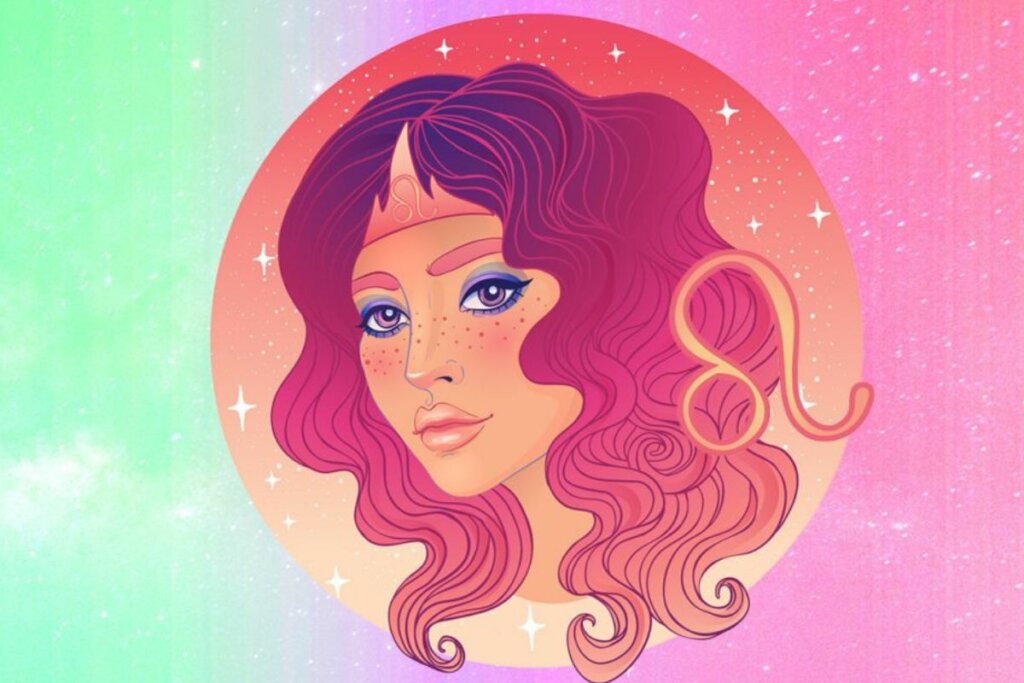 IlustraÃ§Ã£o de uma mulher em um cÃ©u estrelado dentro de um cÃ­rculo com o sÃ­mbolo do signo de LeÃ£o ao lado