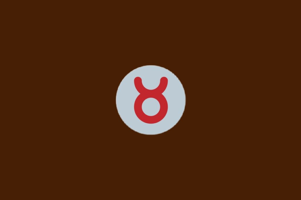Ilustra&ccedil;&atilde;o do signo de Touro com s&iacute;mbolo vermelho em forma de c&iacute;rculo com dois chifres voltados para cima, sobre fundo cinza e marrom-escuro