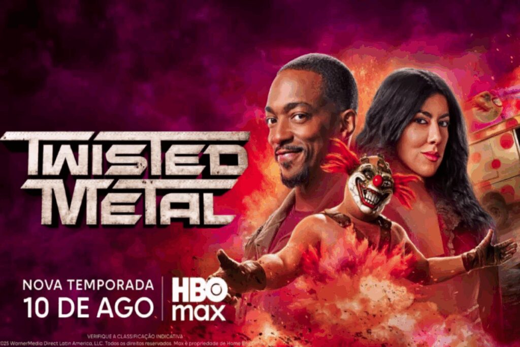 PalhaÃ§o Sweet Tooth entre explosÃµes com personagens principais ao fundo no pÃ´ster da sÃ©rie