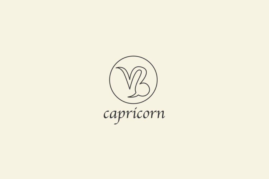 Ilustração do signo de Capricórnio, em fundo bege, contendo sÃmbolo curvo semelhante a um V alongado à esquerda e uma espiral à direita