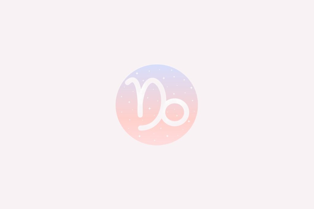 IlustraÃ§Ã£o do signo de CapricÃ³rnio com traÃ§o curvo branco e gancho na extremidade, em fundo rosado com estrelas