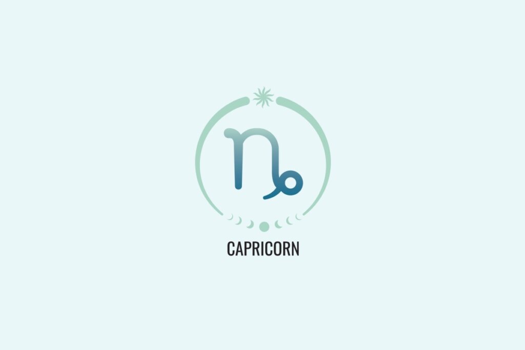 Ilustração do signo Capricórnio, com sÃmbolo em forma de “n†estilizado com curva inferior à direita, em tom azul esverdeado, sobre fundo verde-claro