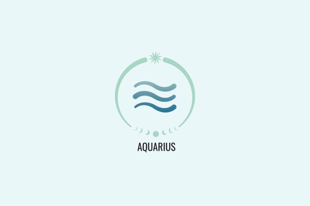 Ilustração do signo Aquário, com sÃmbolo composto por três linhas onduladas horizontais em tons de azul, sobre fundo verde-claro