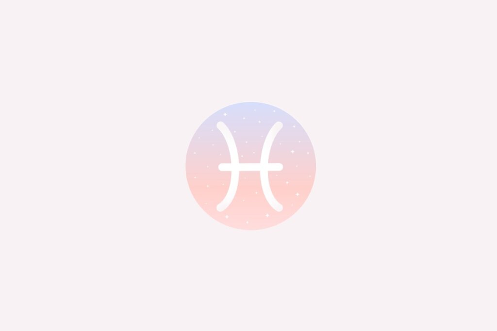 IlustraÃ§Ã£o do signo de Peixes com dois arcos brancos ligados por uma linha no centro, em fundo degradÃª rosa e azul com estrelas