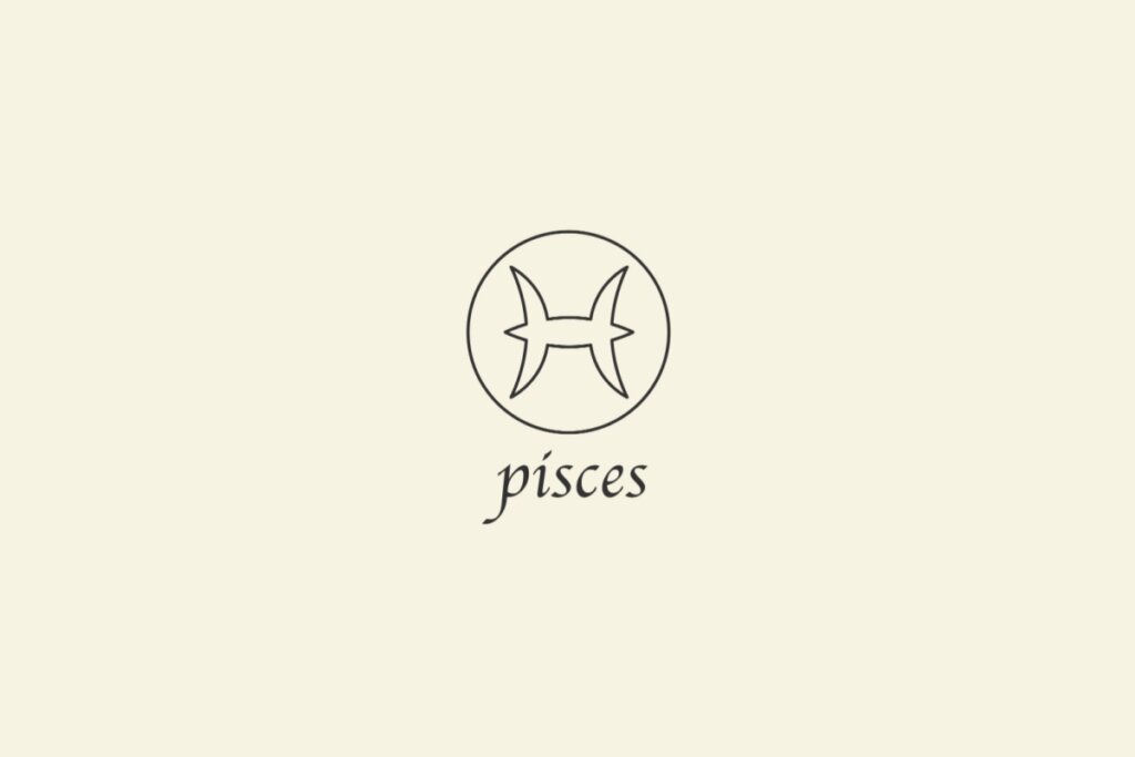 IlustraÃ§Ã£o do signo de Peixes, em fundo bege, contendo dois arcos opostos conectados ao centro por uma linha reta horizontal, formando o sÃ­mbolo de dois peixes em sentidos contrÃ¡rios