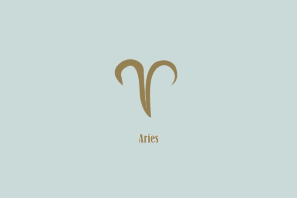 SÃmbolo dourado de Ãries, semelhante a chifres curvados, com a palavra "Aries" abaixo, em fundo azul-claro
