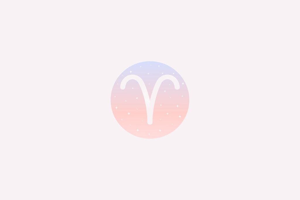 IlustraÃ§Ã£o do signo de Ãries com traÃ§os brancos em forma de â€œVâ€ curvo representando chifres em fundo rosa e azul com estrelas