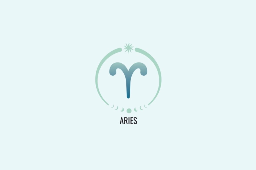 Ilustração do signo Ãries, com sÃmbolo em forma de "V" curvado representando chifres de carneiro, em tom azul esverdeado, sobre fundo verde-claro