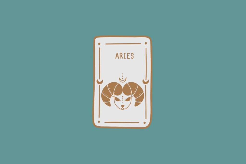 Ilustração do signo de Áries, em fundo verde-azulado, contendo a cabeça de um carneiro com chifres curvos voltados para fora