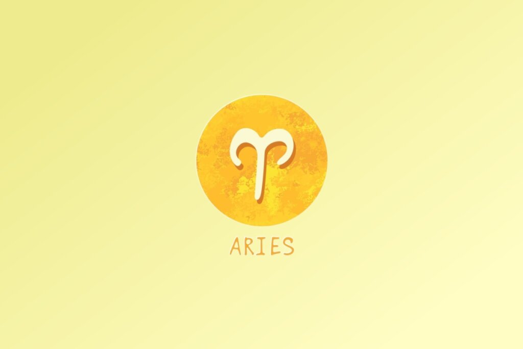 Ilustração do signo de Ãries, com sÃmbolo representado por uma linha curva que lembra um par de chifres de carneiro, em fundo amarelo