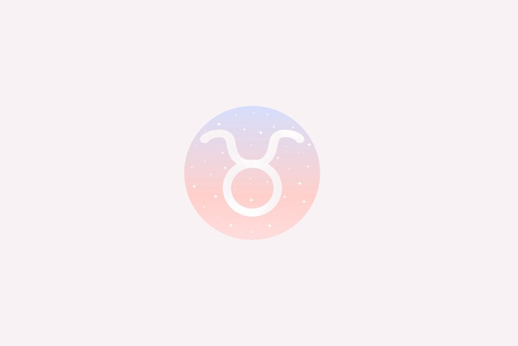 IlustraÃ§Ã£o do signo de Touro com cÃ­rculo branco com dois chifres curvos em fundo rosa e azul com estrelas