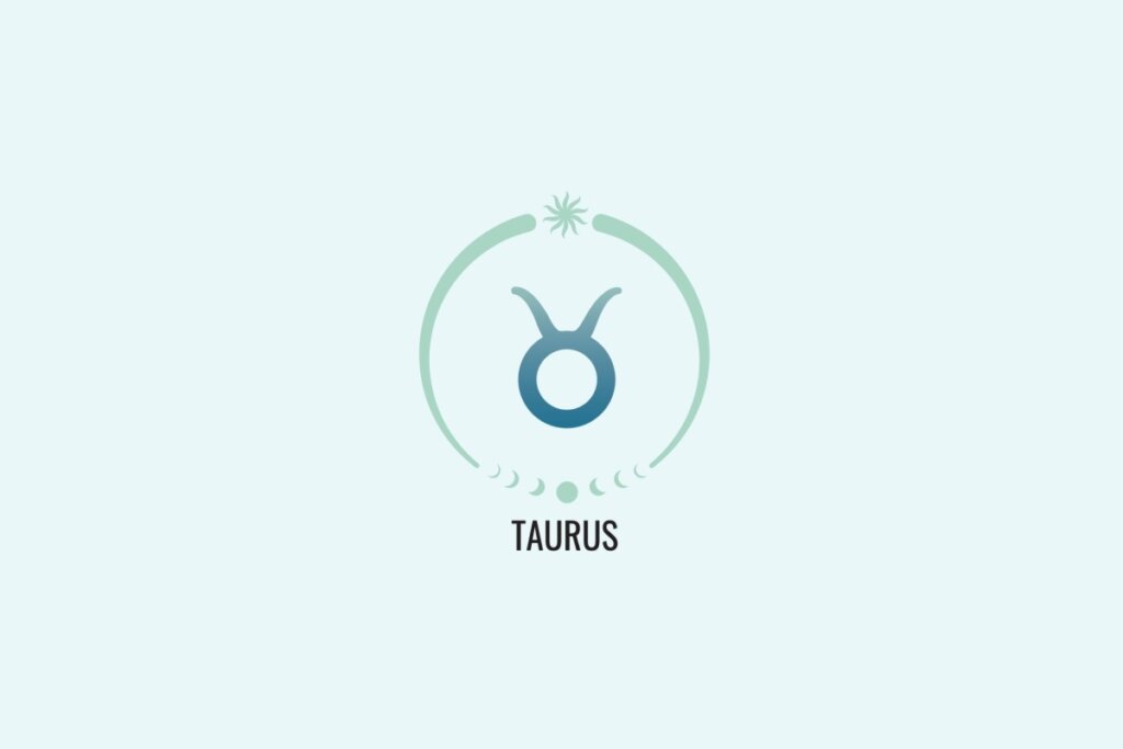Ilustração do signo Touro, com sÃmbolo em formato circular com dois chifres curvados para cima, em azul esverdeado, sobre fundo verde-claro