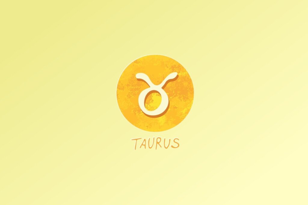 Ilustração do signo de Touro, com sÃmbolo representado por um cÃrculo com dois chifres curvos voltados para cima, em fundo amarelo
