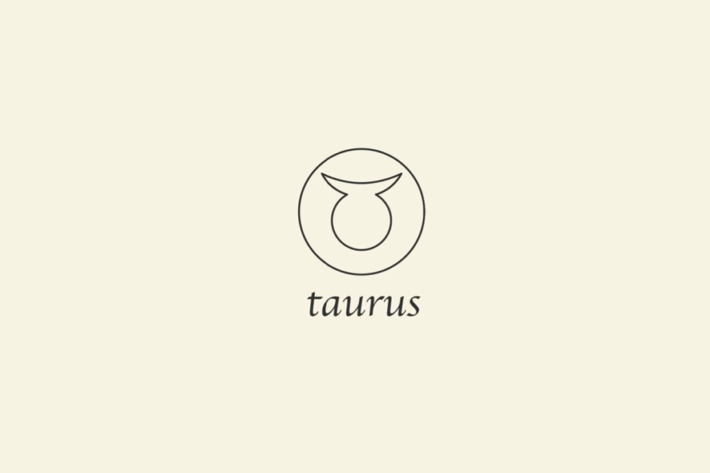 Ilustração do signo de Touro, em fundo bege, contendo um cÃrculo com duas hastes curvas voltadas para cima
