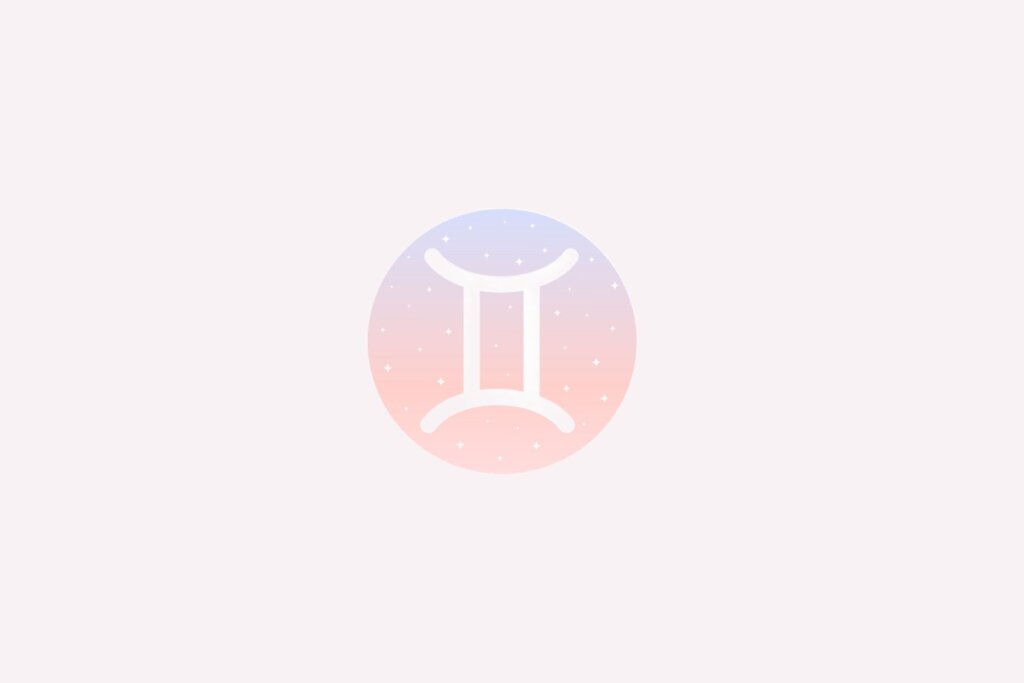 IlustraÃ§Ã£o do signo de GÃªmeos com duas linhas verticais unidas por traÃ§os horizontais brancos em fundo rosa e azul com estrelas