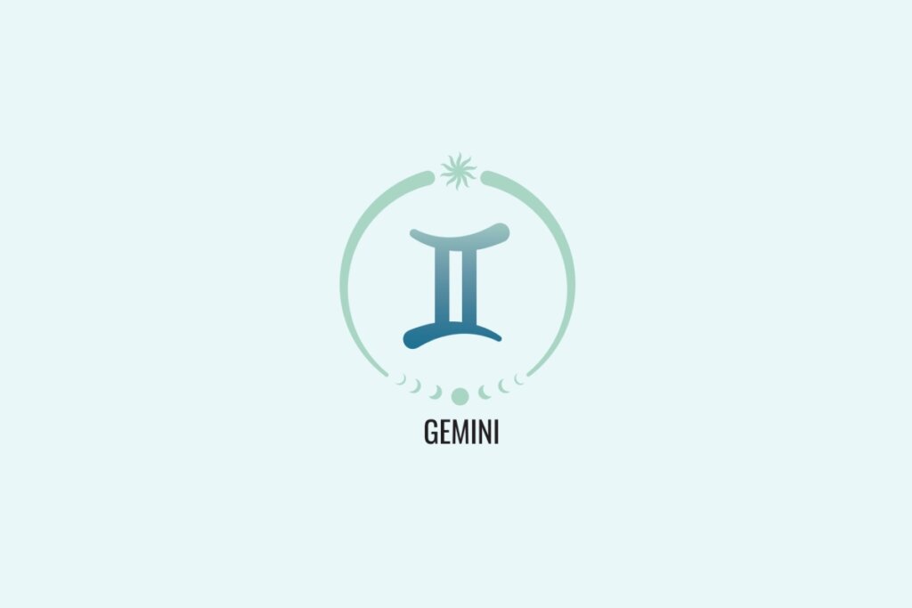Ilustração do signo Gêmeos, com sÃmbolo composto por duas linhas verticais unidas por duas linhas horizontais, formando um retângulo aberto, em azul esverdeado, sobre fundo verde-claro