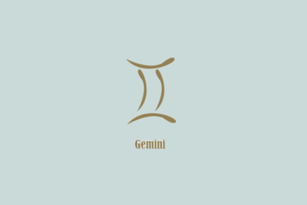 SÃmbolo dourado de Gêmeos, formado por duas linhas curvas paralelas, com a palavra "Gemini" abaixo, em fundo azul-claro
