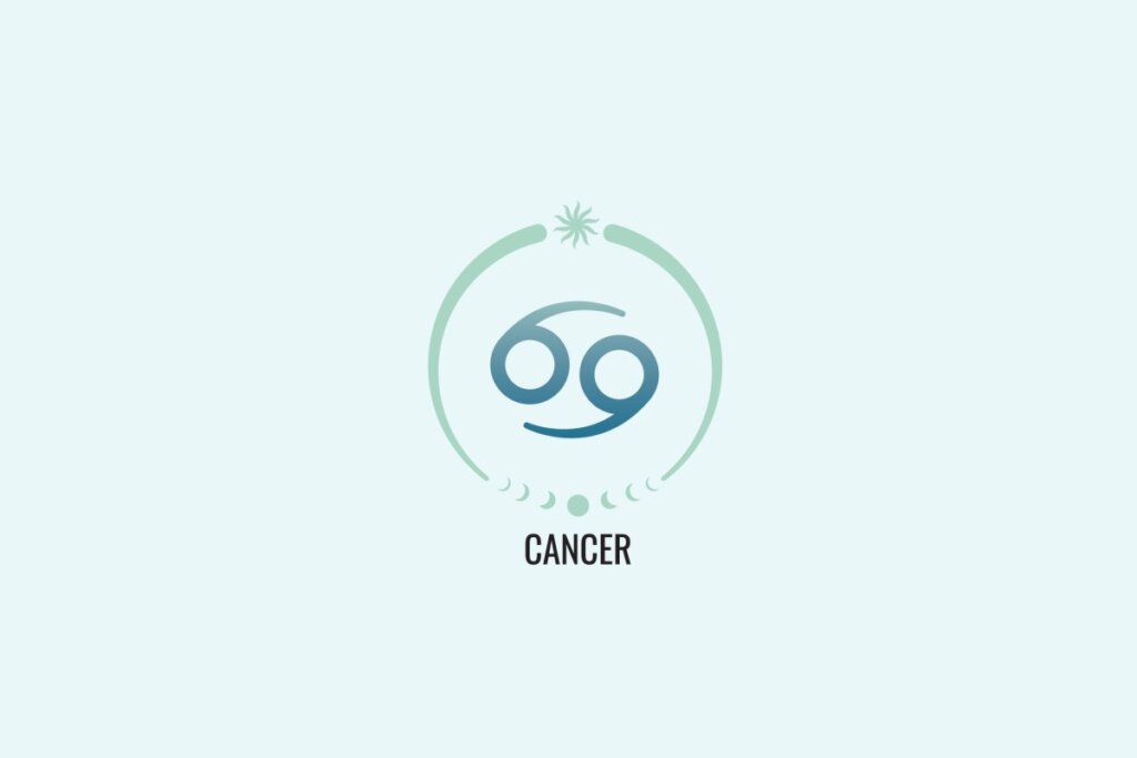 Ilustração do signo Câncer, com sÃmbolo de dois cÃrculos ligados por curvas que lembram o número 69 na horizontal, em azul esverdeado, sobre fundo verde-claro