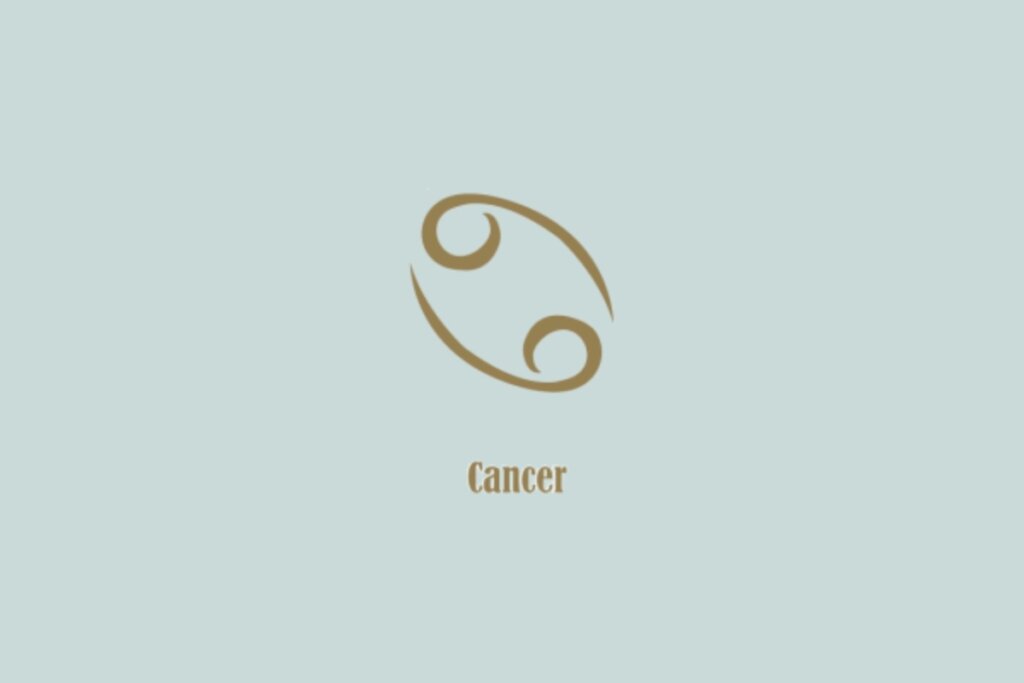 SÃmbolo dourado de Câncer, composto por duas espirais conectadas, com a palavra "Cancer" abaixo, em fundo azul-claro