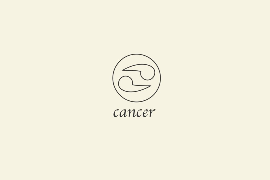 IlustraÃ§Ã£o do signo de CÃ¢ncer, em fundo bege, contendo dois traÃ§os curvos em formato de garras opostas, com cÃ­rculos nas extremidades