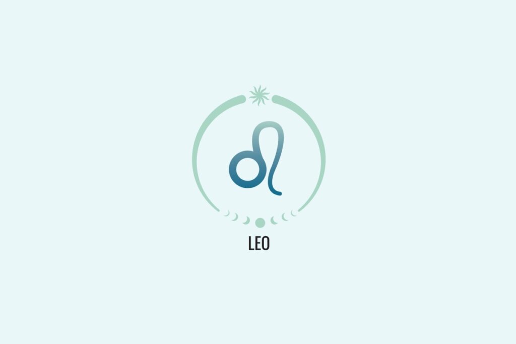 Ilustração do signo Leão, com sÃmbolo representando uma cauda curva partindo de um cÃrculo, em tom azul esverdeado, sobre fundo verde-claro