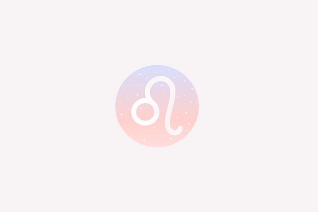 IlustraÃ§Ã£o do signo de LeÃ£o com traÃ§o branco curvo, em fundo em tons claros de rosa e azul com pontos brilhantes