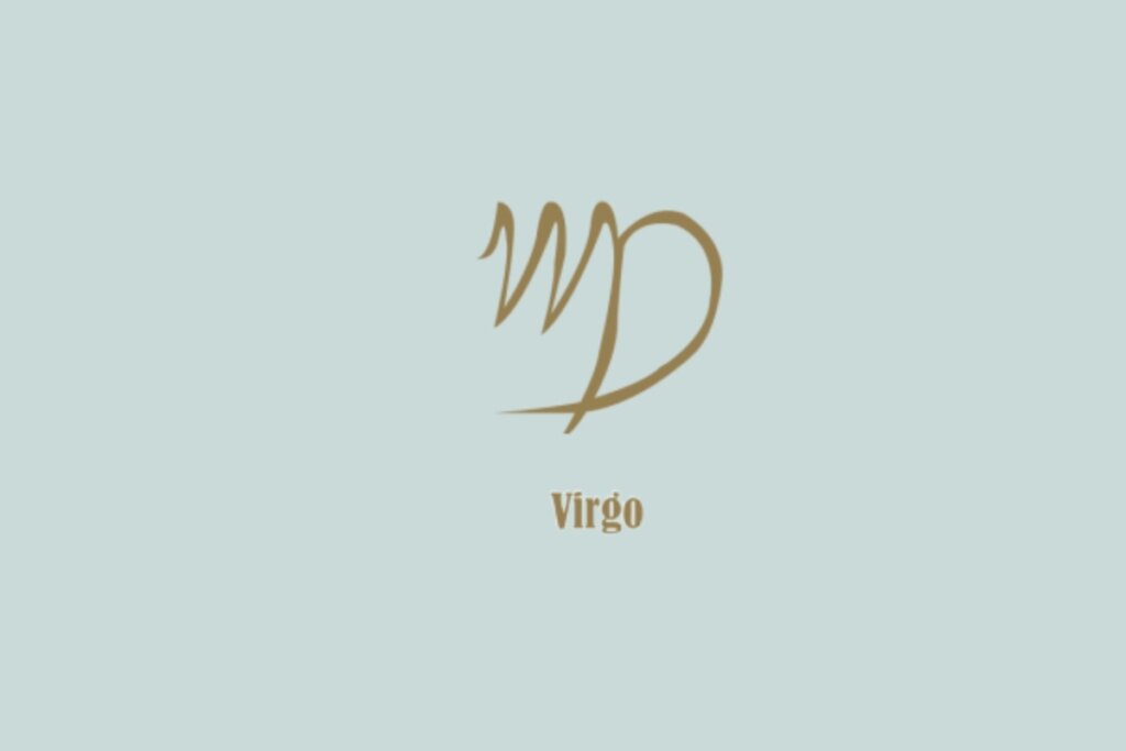 SÃmbolo dourado de Virgem, formado por um "M" com uma perna curva, com a palavra "Virgo" abaixo, em fundo azul-claro