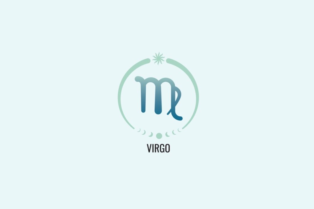 Ilustração do signo Virgem, com sÃmbolo similar à letra “m†com uma perna cruzada na extremidade direita, em azul esverdeado, sobre fundo verde-claro