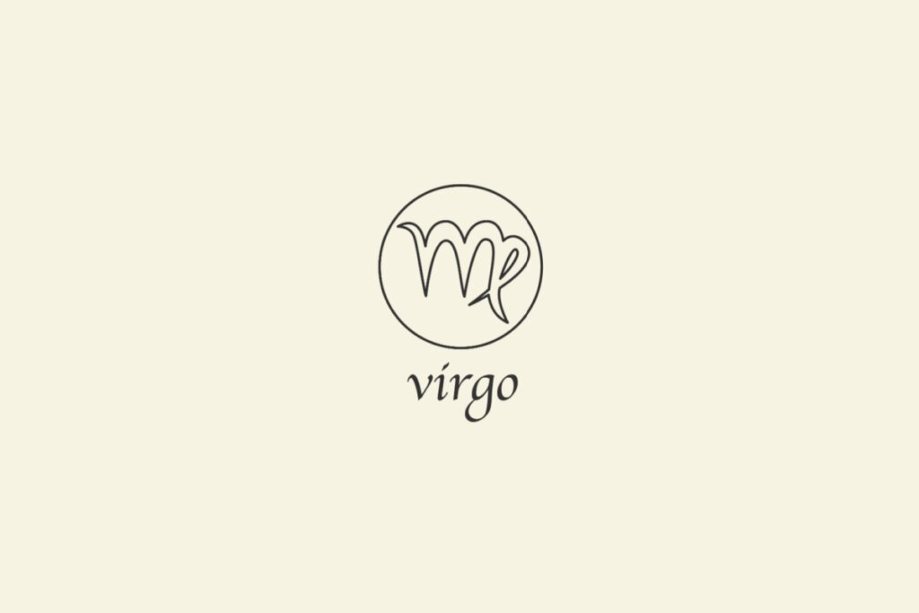 IlustraÃ§Ã£o do signo de Virgem, em fundo bege, contendo um sÃ­mbolo que lembra a letra â€œMâ€ com uma perna direita curva que se dobra para dentro