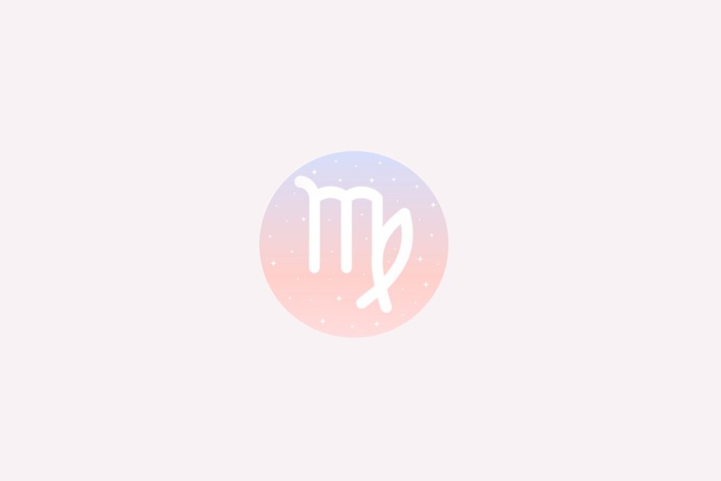 IlustraÃ§Ã£o do signo de Virgem com sÃ­mbolo branco semelhante Ã  letra â€œMâ€ com traÃ§o final curvado, em fundo rosado com estrelas