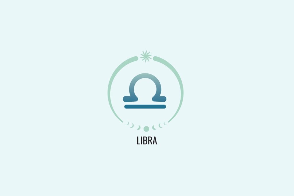 Ilustração do signo Libra, com sÃmbolo em formato de uma balança estilizada, composta por um arco sobre uma linha reta, em azul esverdeado, sobre fundo verde-claro