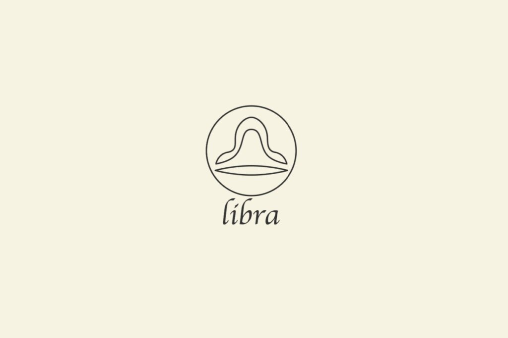 Ilustração do signo de Libra, em fundo bege, contendo um semicÃrculo no topo representando a balança e uma linha horizontal reta abaixo