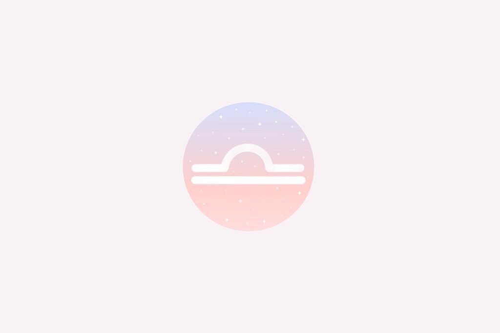 IlustraÃ§Ã£o do signo de Libra com linha curva sobre reta horizontal branca, em fundo rosa e azul com estrelas