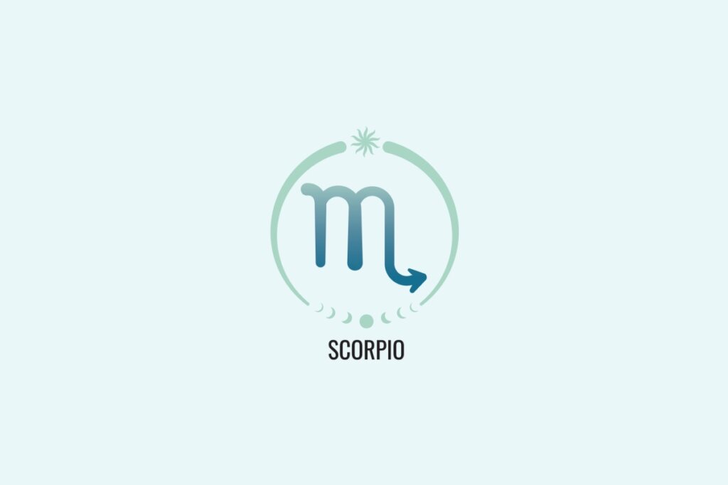 Ilustração do signo Escorpião, com sÃmbolo semelhante à letra “m†com uma cauda curva apontando para a direita, em azul esverdeado, sobre fundo verde-claro