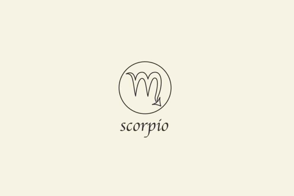 Ilustração do signo de Escorpião, em fundo bege, contendo sÃmbolo semelhante à letra “M†com uma cauda curva em forma de seta para a direita