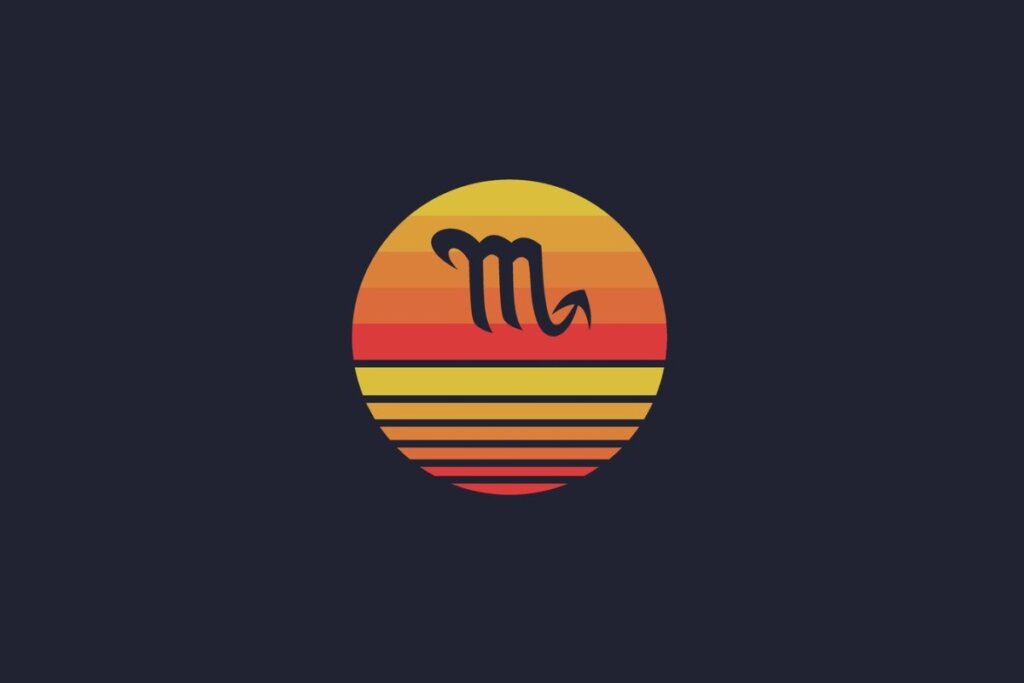 Ilustração do signo Escorpião, em fundo azul-escuro, contendo a letra "m" estilizada com cauda curva e ponta voltada para cima