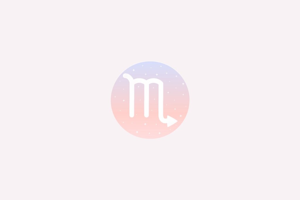 IlustraÃ§Ã£o do signo de EscorpiÃ£o com sÃ­mbolo branco em forma de â€œMâ€ com cauda em seta, em fundo pastel estrelado