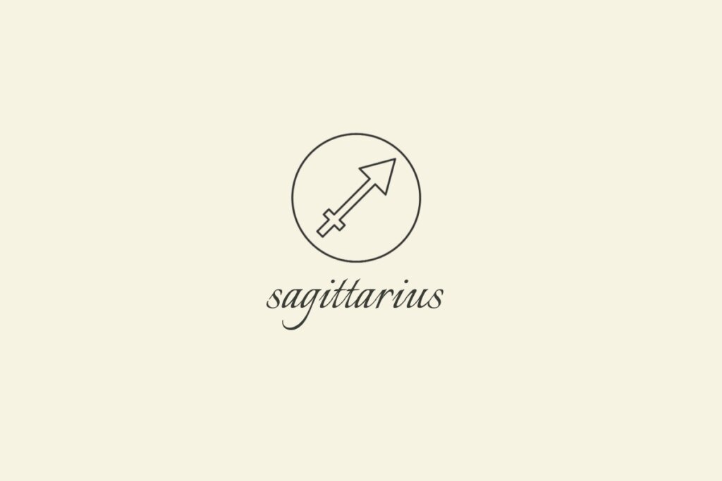 Ilustração do signo de Sagitário, em fundo bege, contendo uma flecha apontada para cima e à direita, com haste atravessando um pequeno cÃrculo cruzado