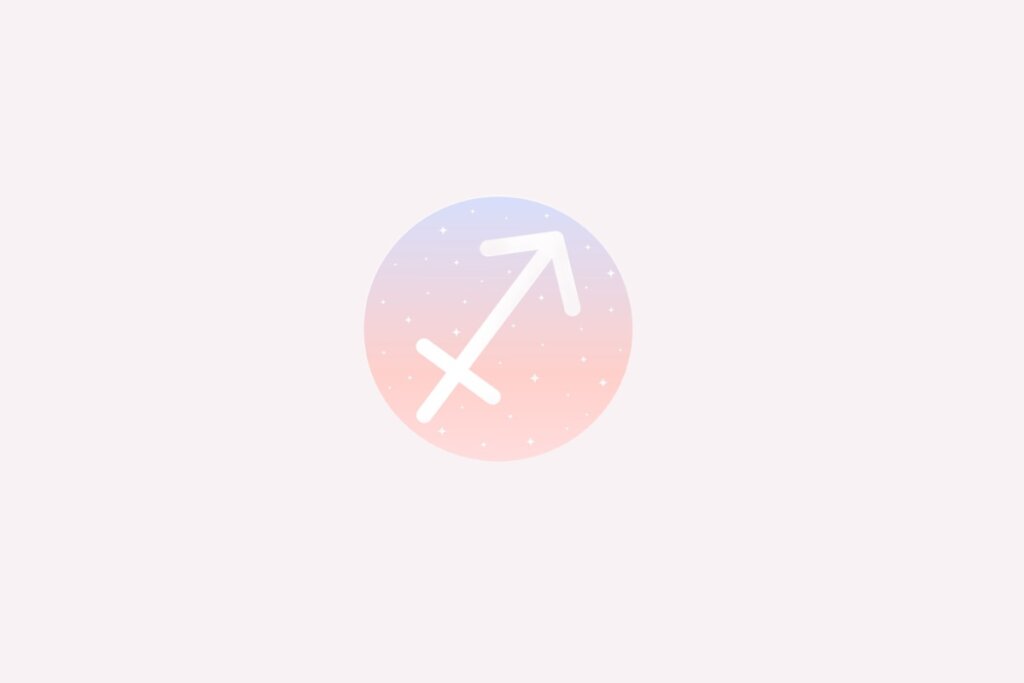 IlustraÃ§Ã£o do signo de SagitÃ¡rio com flecha branca inclinada para cima, em fundo rosado