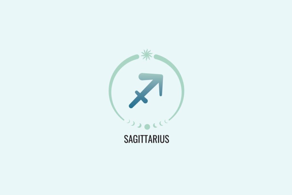 Ilustração do signo Sagitário, com sÃmbolo de seta apontada para cima à direita, representando o arco e flecha, em azul esverdeado, sobre fundo verde-claro