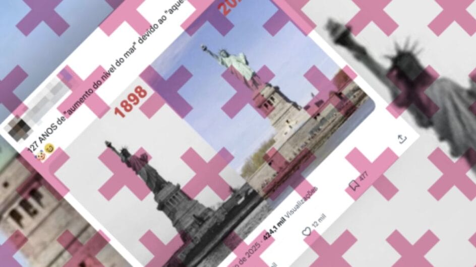 Publicação engana ao sugerir que fotos da Estátua da Liberdade negariam existência do aquecimento global (Foto: Comprova, Reprodução)