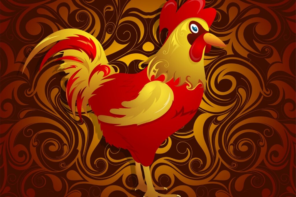 IlustraÃ§Ã£o de um Galo em um fundo marrom com desenhos amarelos