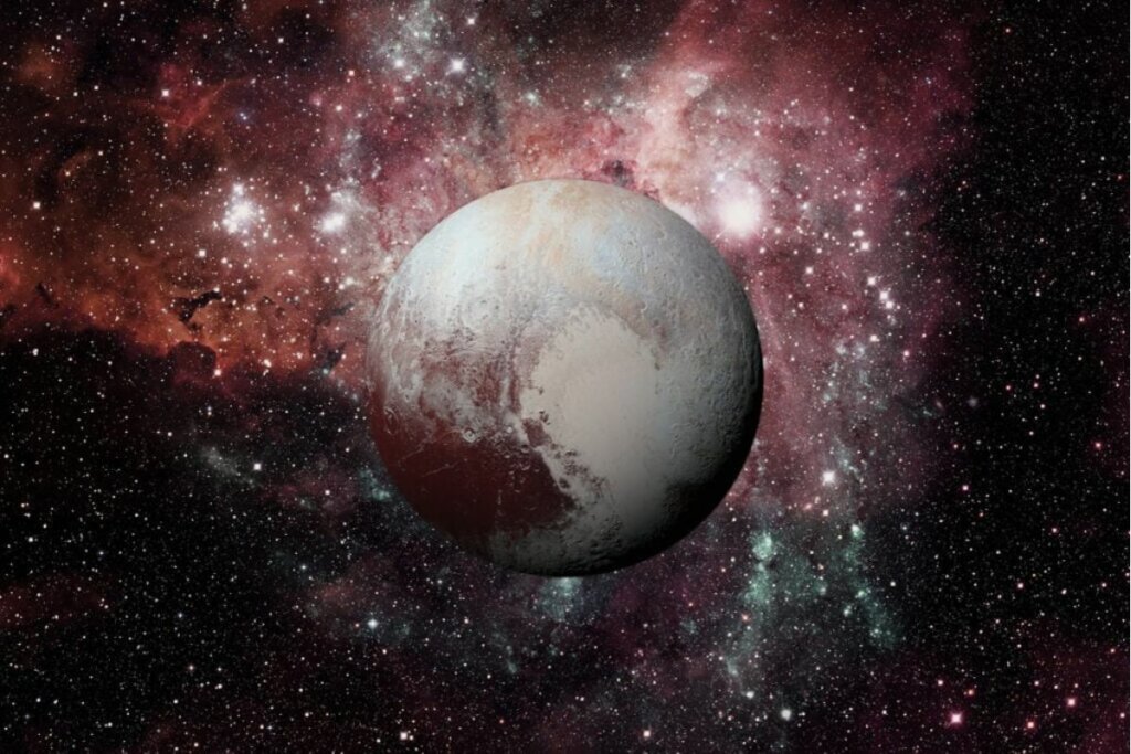 IlustraÃ§Ã£o planeta PlutÃ£o em vermelho e cinza no espaÃ§o com estrelas