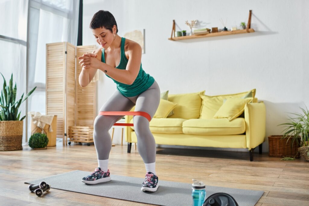 Mulher em uma sala de estar fazendo agachamento com el&Atilde;&iexcl;stico
