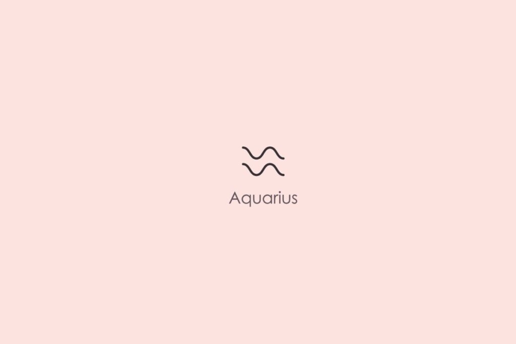Ilustra&ccedil;&atilde;o do s&iacute;mbolo e nome do signo de aqu&aacute;rio em ingl&ecirc;s em fundo rosa