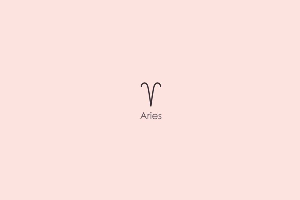 Ilustra&ccedil;&atilde;o do s&iacute;mbolo e nome do signo de &aacute;ries em ingl&ecirc;s em fundo rosa